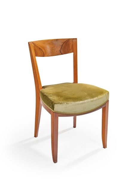 Artwork by Jules Leleu, Suite de six chaises en palissandre Garniture recouverte d'un velours vert Numérotées Vers 1940 H : 79 cm L : 45 cm P : 48 cm Bibliografie: Françoise Siriex, Made of Rosewood