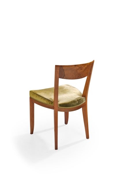 Artwork by Jules Leleu, Suite de six chaises en palissandre Garniture recouverte d'un velours vert Numérotées Vers 1940 H : 79 cm L : 45 cm P : 48 cm Bibliografie: Françoise Siriex, Made of Rosewood
