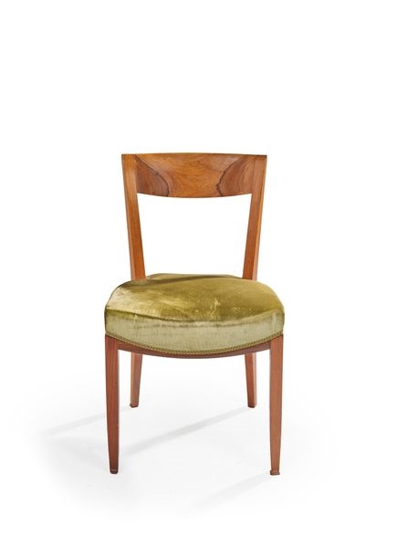 Artwork by Jules Leleu, Suite de six chaises en palissandre Garniture recouverte d'un velours vert Numérotées Vers 1940 H : 79 cm L : 45 cm P : 48 cm Bibliografie: Françoise Siriex, Made of Rosewood