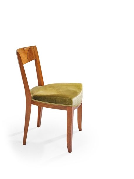 Artwork by Jules Leleu, Suite de six chaises en palissandre Garniture recouverte d'un velours vert Numérotées Vers 1940 H : 79 cm L : 45 cm P : 48 cm Bibliografie: Françoise Siriex, Made of Rosewood