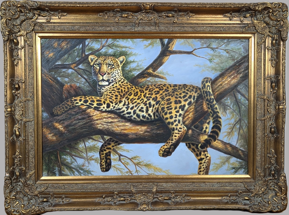 Artwork by Heidi Dawson, Auf einem Ast liegender Leopard, Made of Öl auf Leinwand