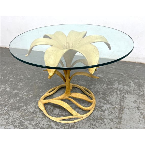 Aluminum Lily round glass side table n the style of Drexel and Arthur Court. Painted tan color by Arthur Court, December 11