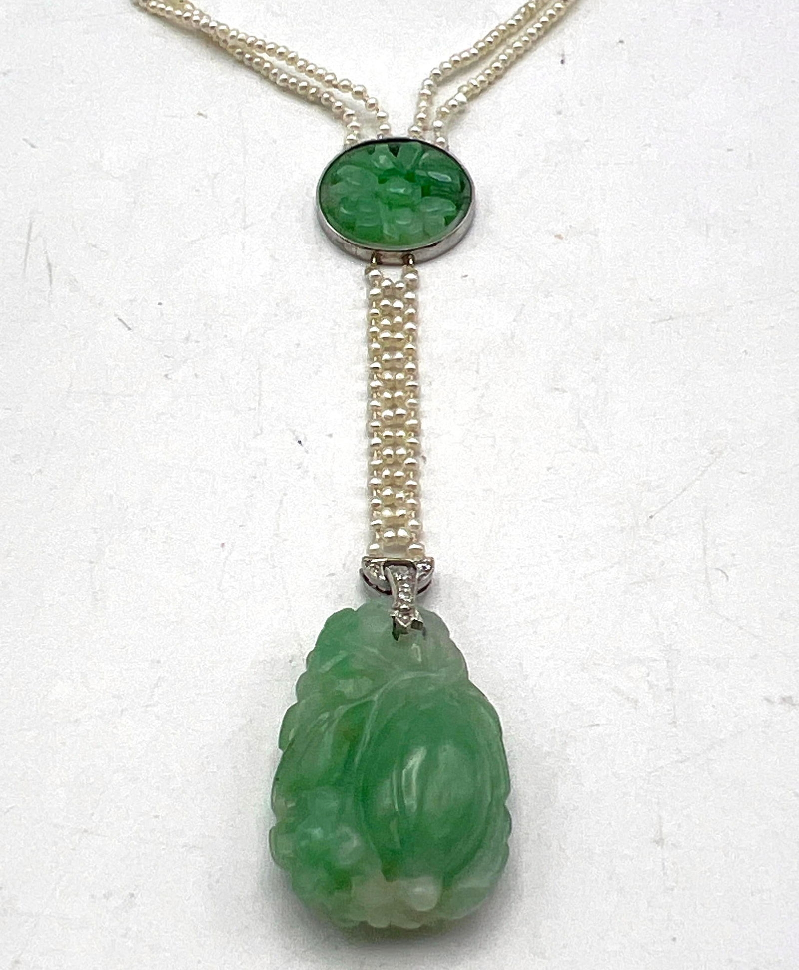 Artwork by Unknown , Antique Double Strand Seed Pearl, Carved Jade Necklace. Carved Jade Pendant and Bezel Set Carved Jad, Made of Carved Jade Pen