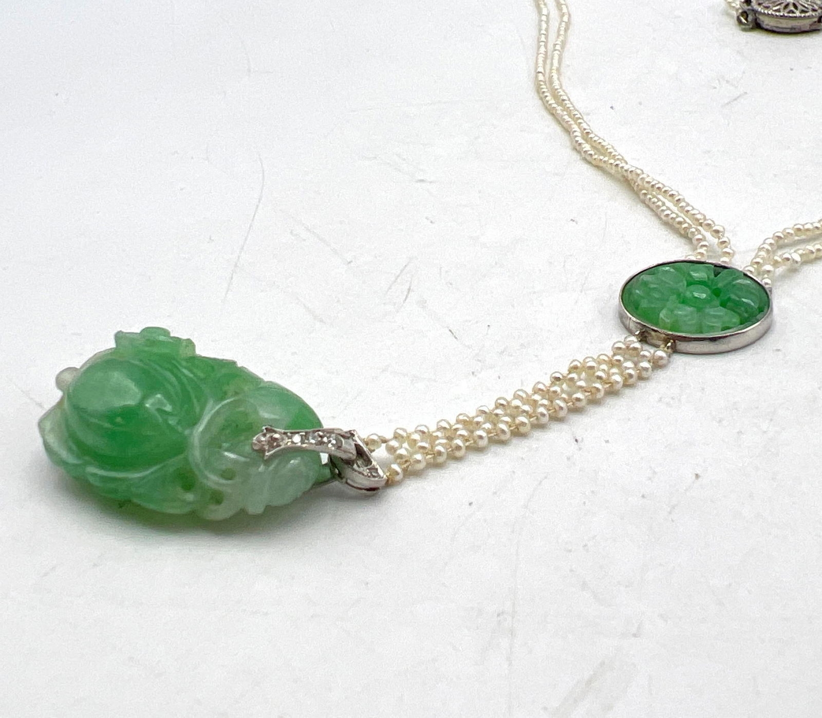 Artwork by Unknown , Antique Double Strand Seed Pearl, Carved Jade Necklace. Carved Jade Pendant and Bezel Set Carved Jad, Made of Carved Jade Pen
