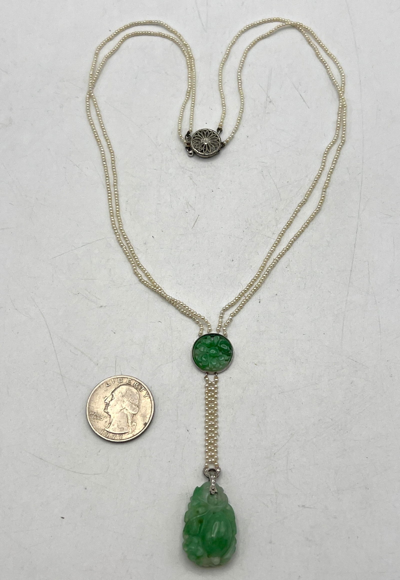 Artwork by Unknown , Antique Double Strand Seed Pearl, Carved Jade Necklace. Carved Jade Pendant and Bezel Set Carved Jad, Made of Carved Jade Pen