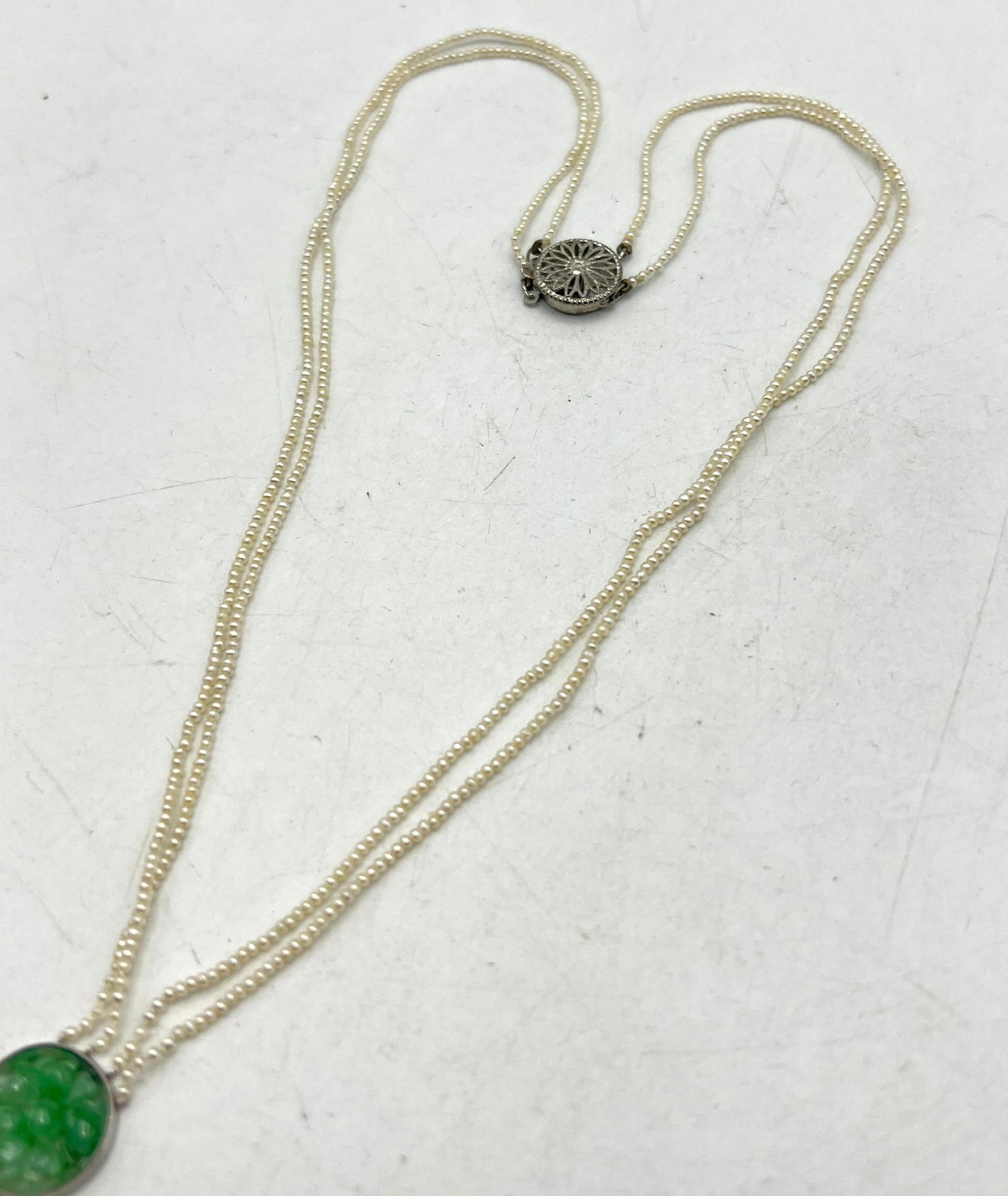 Artwork by Unknown , Antique Double Strand Seed Pearl, Carved Jade Necklace. Carved Jade Pendant and Bezel Set Carved Jad, Made of Carved Jade Pen