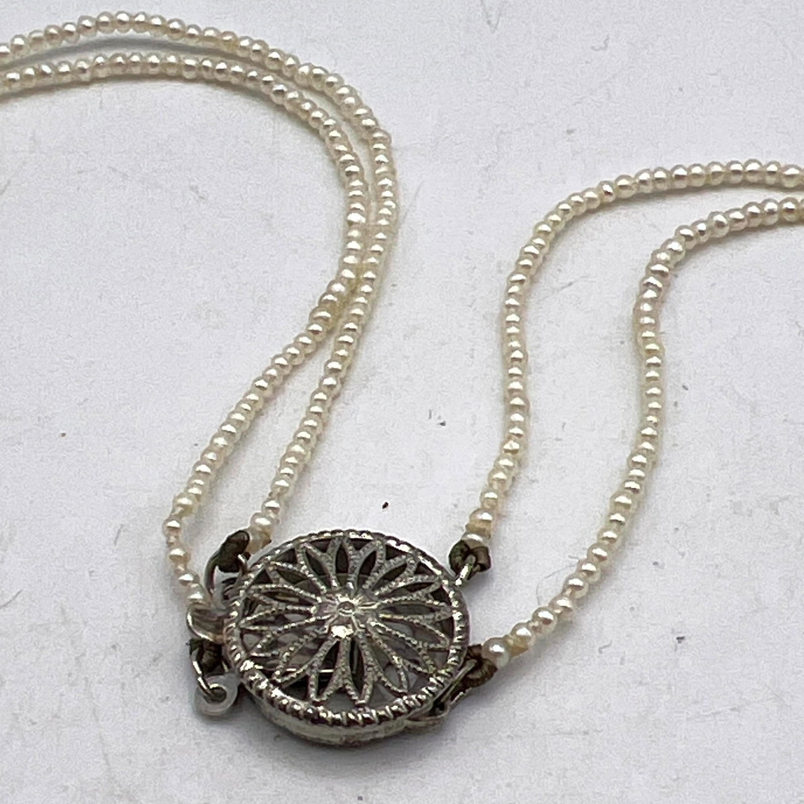 Artwork by Unknown , Antique Double Strand Seed Pearl, Carved Jade Necklace. Carved Jade Pendant and Bezel Set Carved Jad, Made of Carved Jade Pen