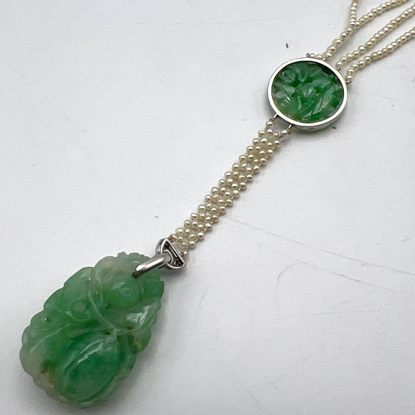 Artwork by Unknown , Antique Double Strand Seed Pearl, Carved Jade Necklace. Carved Jade Pendant and Bezel Set Carved Jad, Made of Carved Jade Pen
