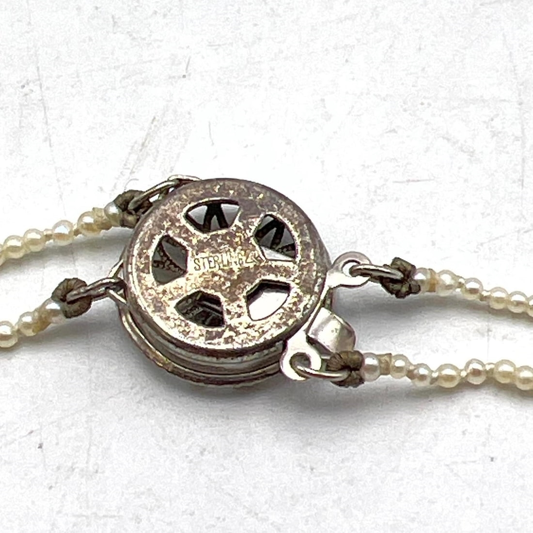 Artwork by Unknown , Antique Double Strand Seed Pearl, Carved Jade Necklace. Carved Jade Pendant and Bezel Set Carved Jad, Made of Carved Jade Pen