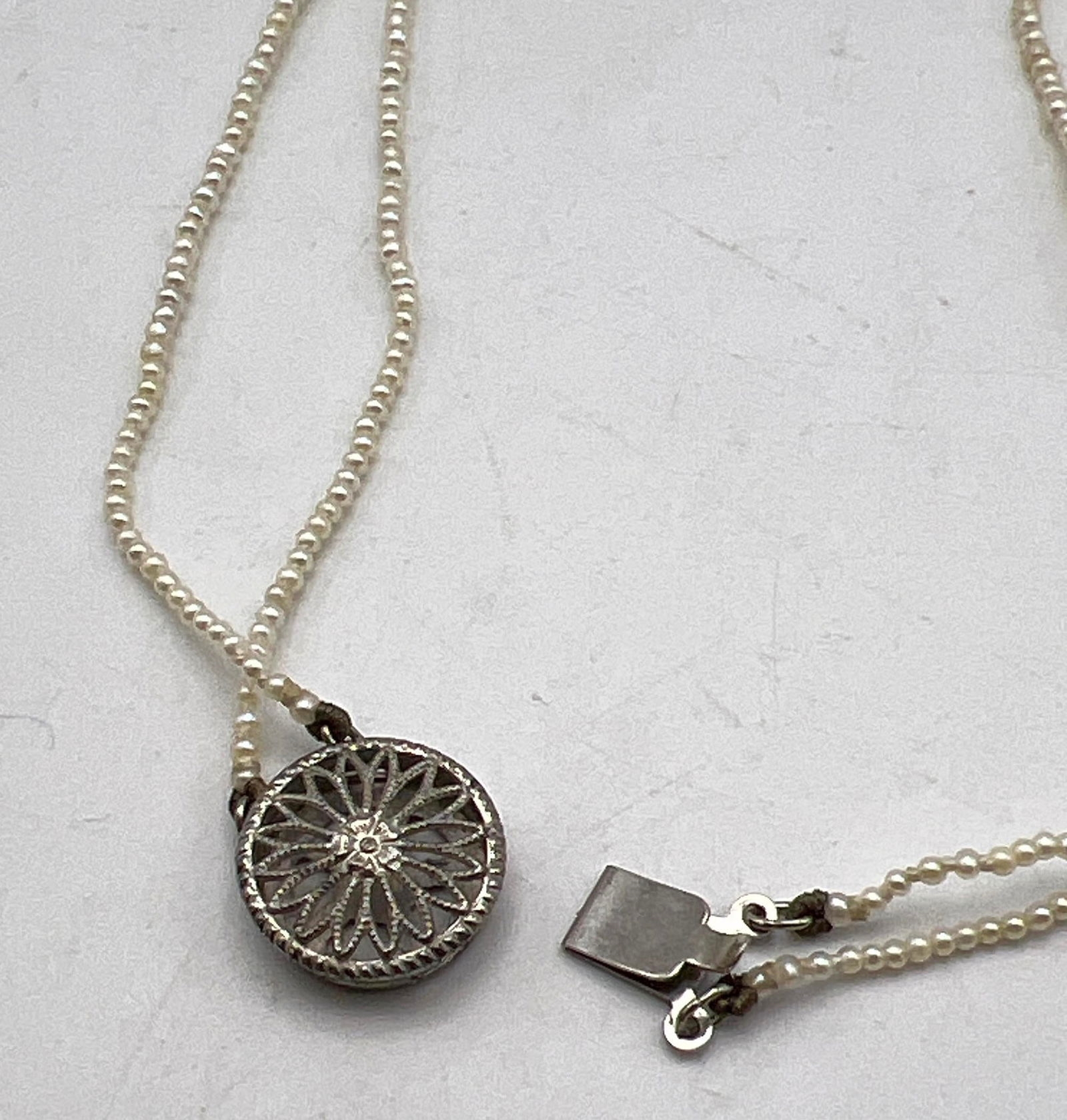 Artwork by Unknown , Antique Double Strand Seed Pearl, Carved Jade Necklace. Carved Jade Pendant and Bezel Set Carved Jad, Made of Carved Jade Pen