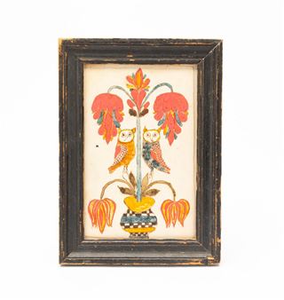 WATERCOLOR FRAKTUR BOOKPLATE WITH OWLS - American School, 19th Century