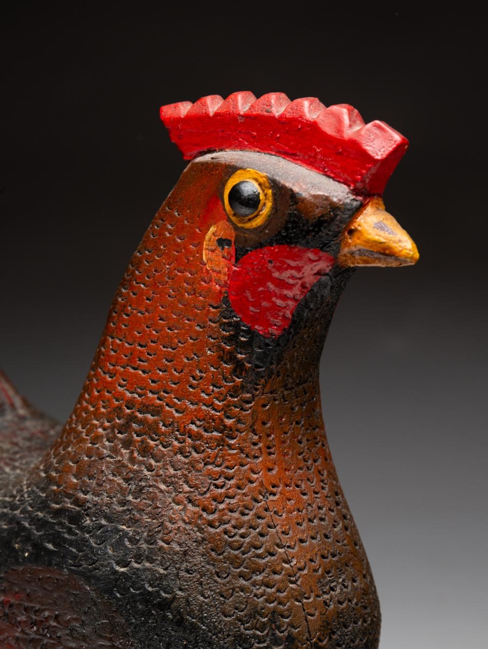 Artwork by Frank Texter, LARGE CARVED AND PAINTED FOLK ART WOOD ROOSTER BY FRANK TEXTER (1875-1967, Made of CARVED AND PAINTED