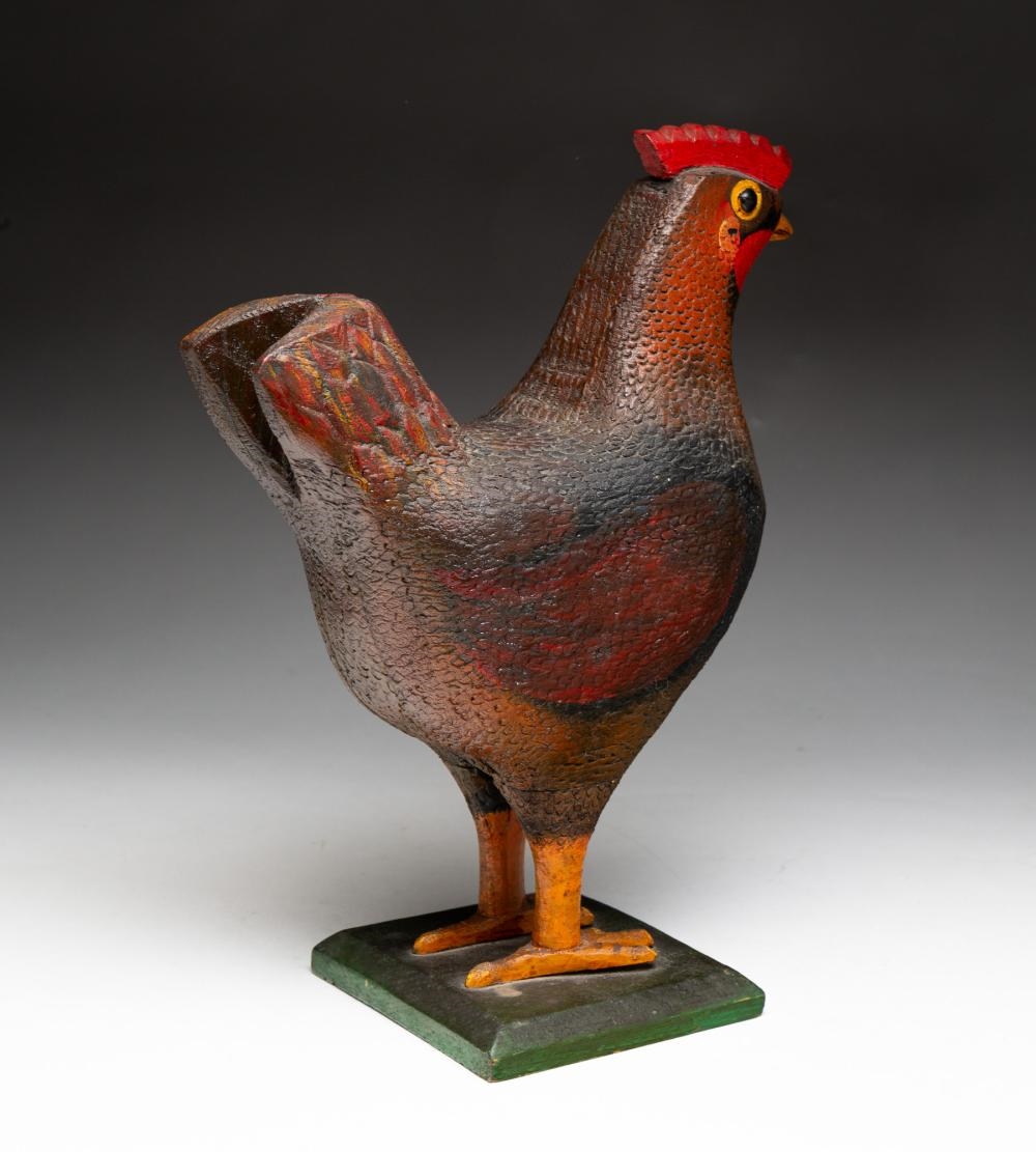 Artwork by Frank Texter, LARGE CARVED AND PAINTED FOLK ART WOOD ROOSTER BY FRANK TEXTER (1875-1967, Made of CARVED AND PAINTED