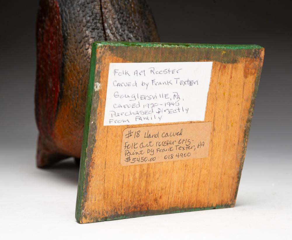 Artwork by Frank Texter, LARGE CARVED AND PAINTED FOLK ART WOOD ROOSTER BY FRANK TEXTER (1875-1967, Made of CARVED AND PAINTED