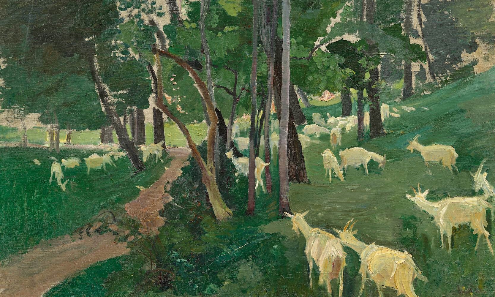 Artwork by Ernest Biéler, Étude de Chèvres dans un sous-bois, Made of Oil on canvas