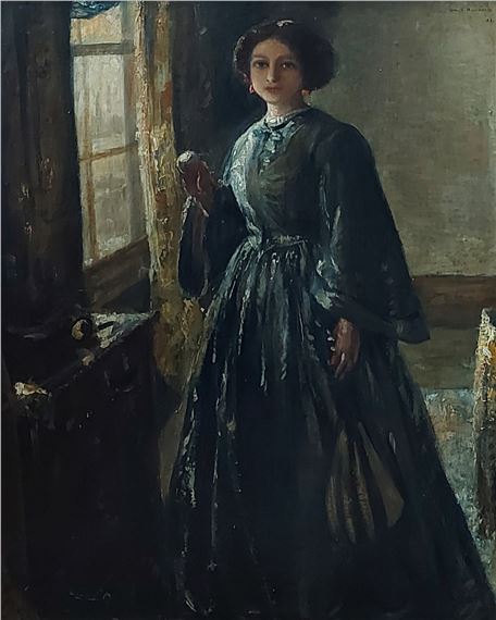 study of a girl in period dress by a window by David Muirhead, dated 1910