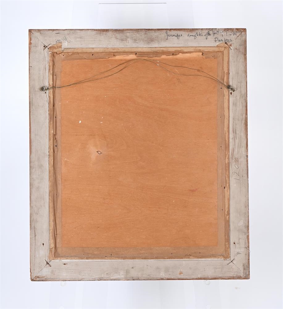 A soft-focus portrait of a young girl in a striped dress, framed in distressed wood.