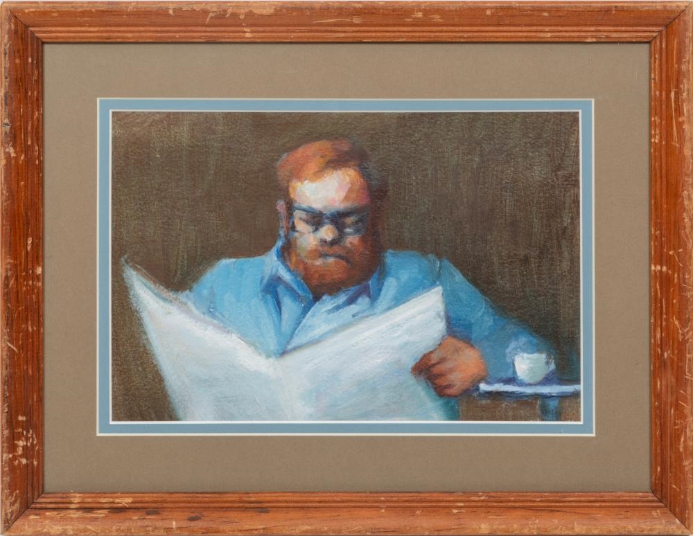 Artwork by Sarah Stiehl, "Bayou" and "Man with Newspaper", Made of pastel on paper and oil on paper