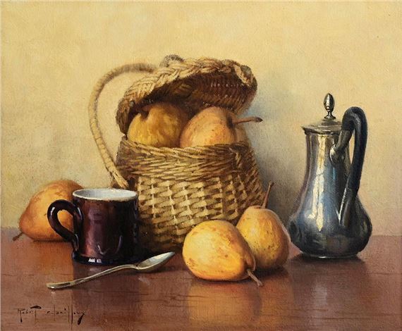 Pears, Wicker Basket, Jug and Mug by Robert Chailloux