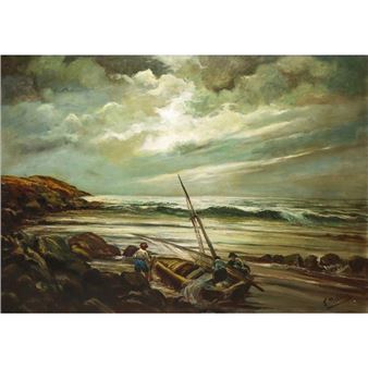 Coastal landscape with stranded boat, 1950s - Federico Molina Albero