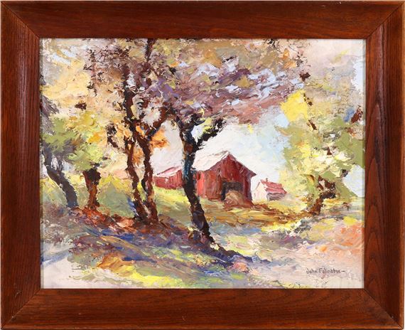 Impressionist landscape with sunlight filtering through trees framing a red barn by John Fulton Folinsbee