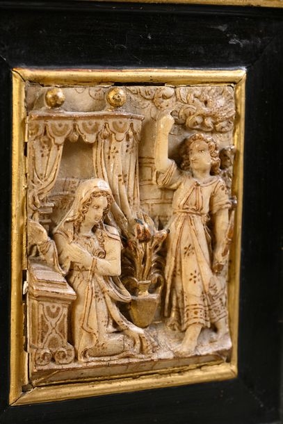 Artwork by Isaac Tissenaken, Alabaster plaque carved in bas-relief with gold highlights depicting the Annunciation; monogrammed Mechelen, Made of Alabaster plaque carved in bas-relief