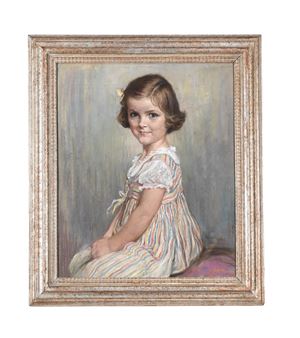 A soft-focus portrait of a young girl in a striped dress, framed in distressed wood.
