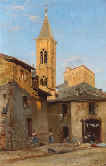 Italian village scene with a church tower - Niels Anders Bredal