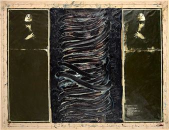 A triptych artwork featuring a central abstract spiral flanked by two identical portraits of a person looking upward.