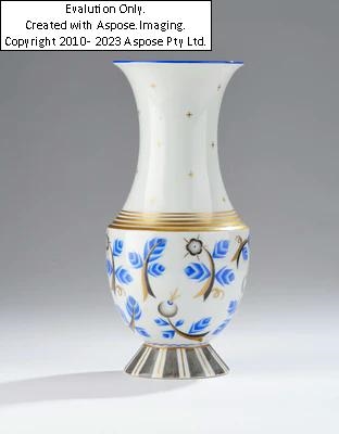 Artwork by Otto Prutscher, Otto Prutscher (Vienna, 1880-1949), a vase with blue paintwork (hops-like fruit in blue tones), form number: 526, pattern number: 5217, designed in 1925, Made of porcelain, coloured