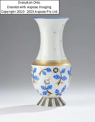 Artwork by Otto Prutscher, Otto Prutscher (Vienna, 1880-1949), a vase with blue paintwork (hops-like fruit in blue tones), form number: 526, pattern number: 5217, designed in 1925, Made of porcelain, coloured