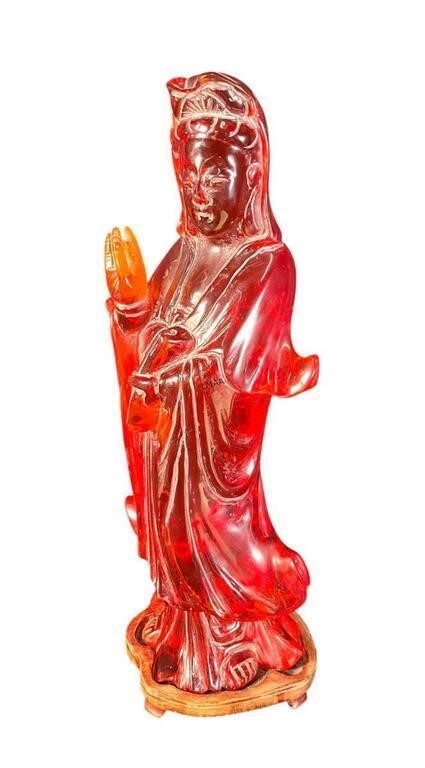 Artwork by Yin Quan, ANTIQUE CHINESE CHERRY AMBER FATURAN KWAN FIGURE