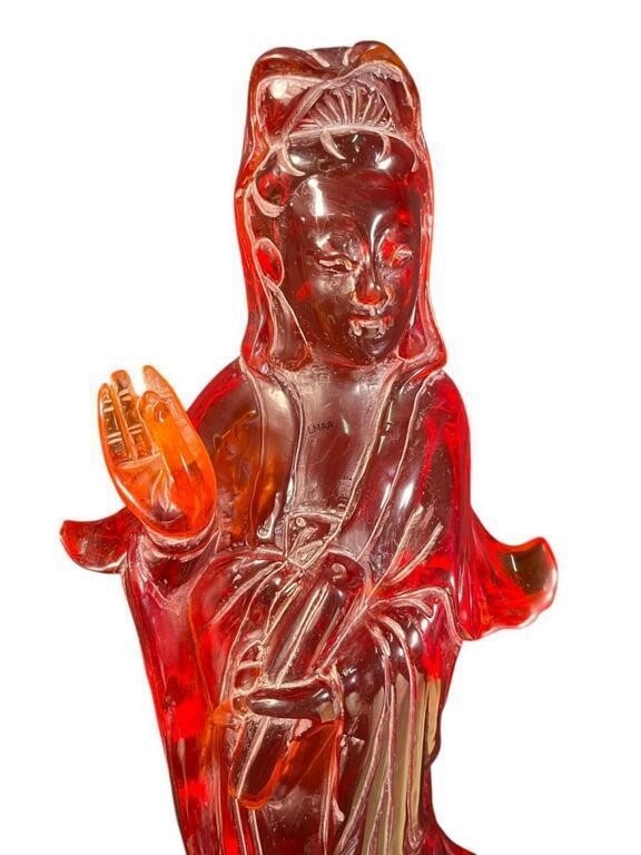 Artwork by Yin Quan, ANTIQUE CHINESE CHERRY AMBER FATURAN KWAN FIGURE