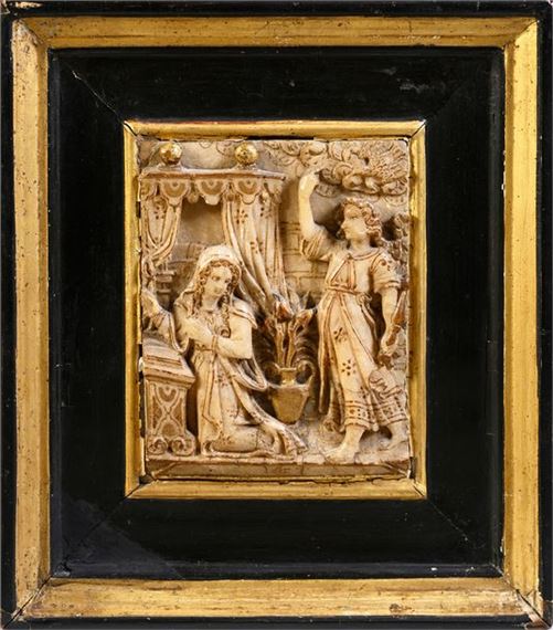 Alabaster plaque carved in bas-relief with gold highlights depicting the Annunciation; monogrammed Mechelen - Isaac Tissenaken