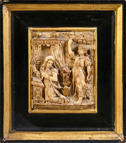 Artwork by Isaac Tissenaken, Alabaster plaque carved in bas-relief with gold highlights depicting the Annunciation; monogrammed Mechelen, Made of Alabaster plaque carved in bas-relief