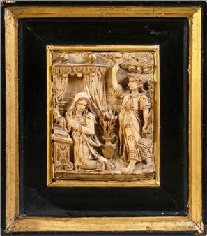 Alabaster plaque carved in bas-relief with gold highlights depicting the Annunciation; monogrammed Mechelen - Isaac Tissenaken
