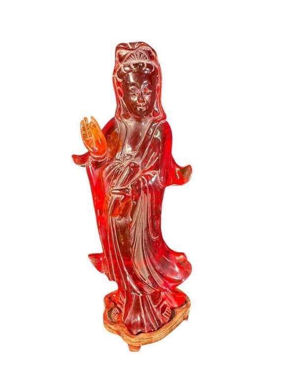 Artwork by Yin Quan, ANTIQUE CHINESE CHERRY AMBER FATURAN KWAN FIGURE