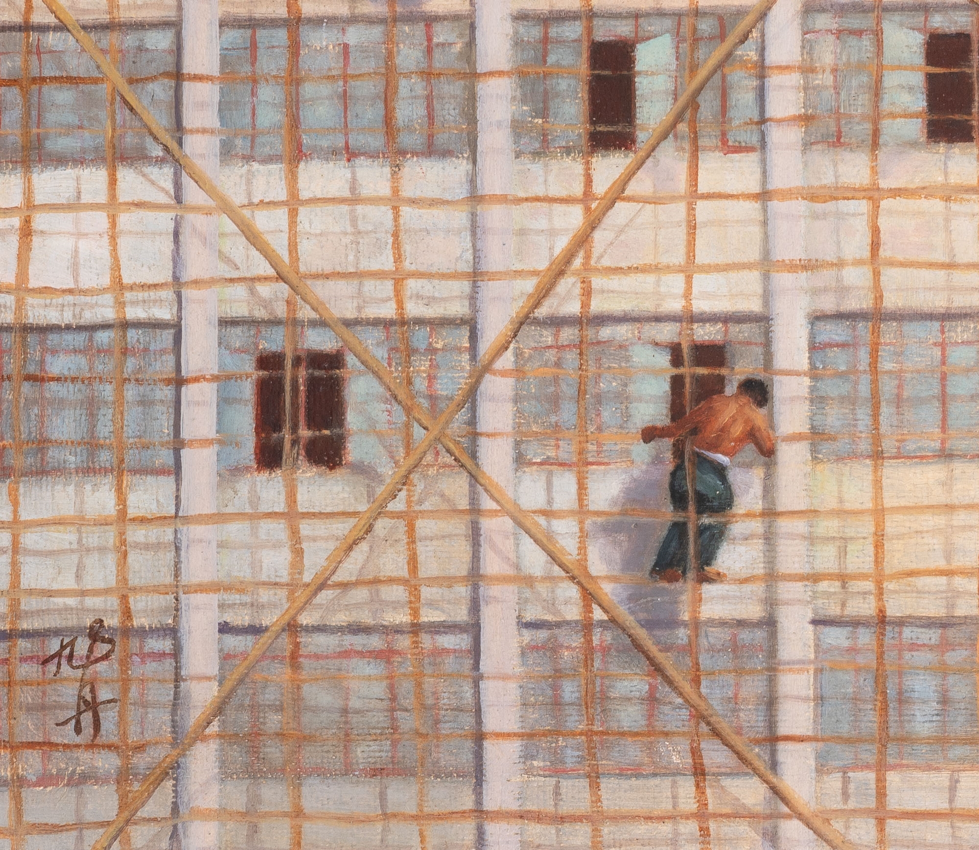 Artwork by Jiu Dan, Construction Workers, Made of Oil on board