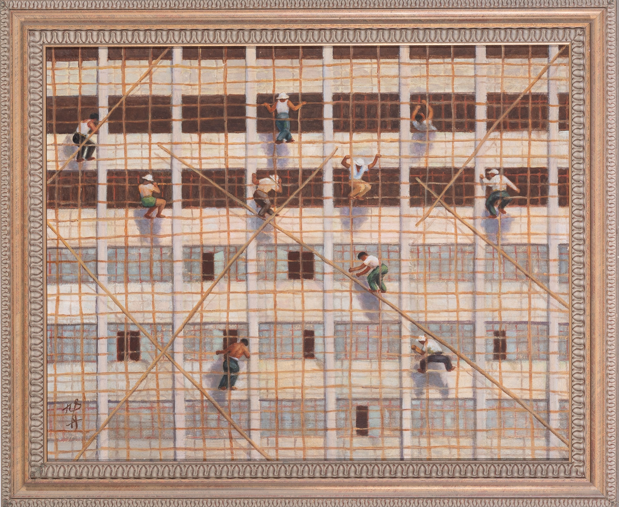 Artwork by Jiu Dan, Construction Workers, Made of Oil on board