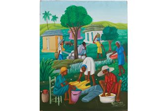 Louinès MENTOR (1936-2018) Scène de village Huile sur isorel. Signée en bas à droite - Louines Mentor