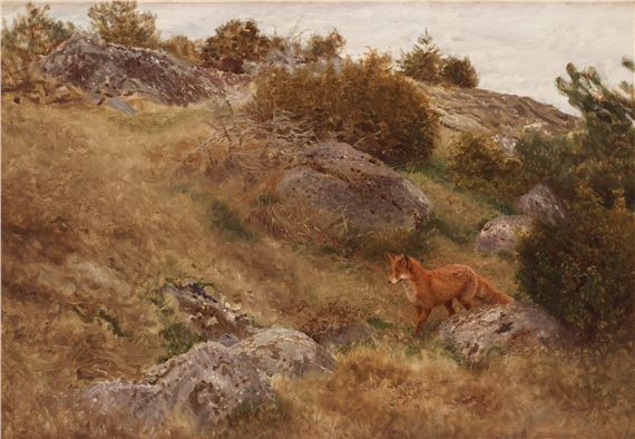 Landscape with a watchful fox by Bruno Liljefors, dated 1907