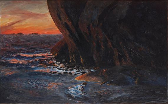 Otters by the sea, sunset by Bruno Liljefors, dated 1899