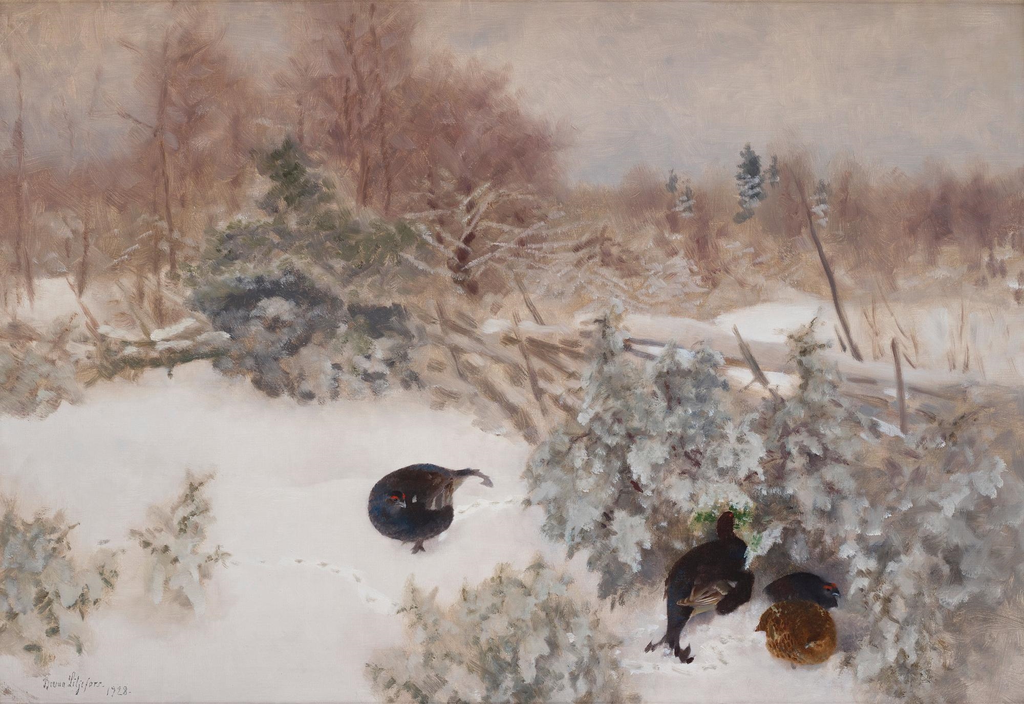 Artwork by Bruno Liljefors, Capercaillies in a Winter Landscape, Made of Oil on canvas