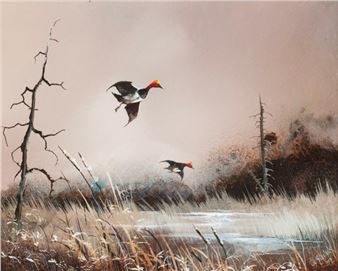 Two ducks in flight over a marsh, framed - Ted Blaylock