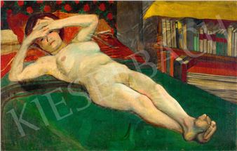 Lying Nude in Interieur in Front of a Bookshelf - Arnold Gara