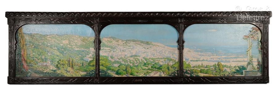 Artwork by L. Monard, View of Algiers Three . Signed lower right.  an orientalist wood frame decorated with arcatures., Made of oils on canvas in triptych