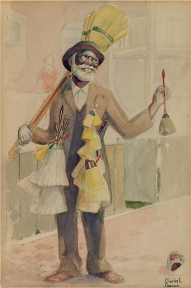 A whimsical watercolor portrait of a figure dressed as a street performer, holding a broom and a small bell.