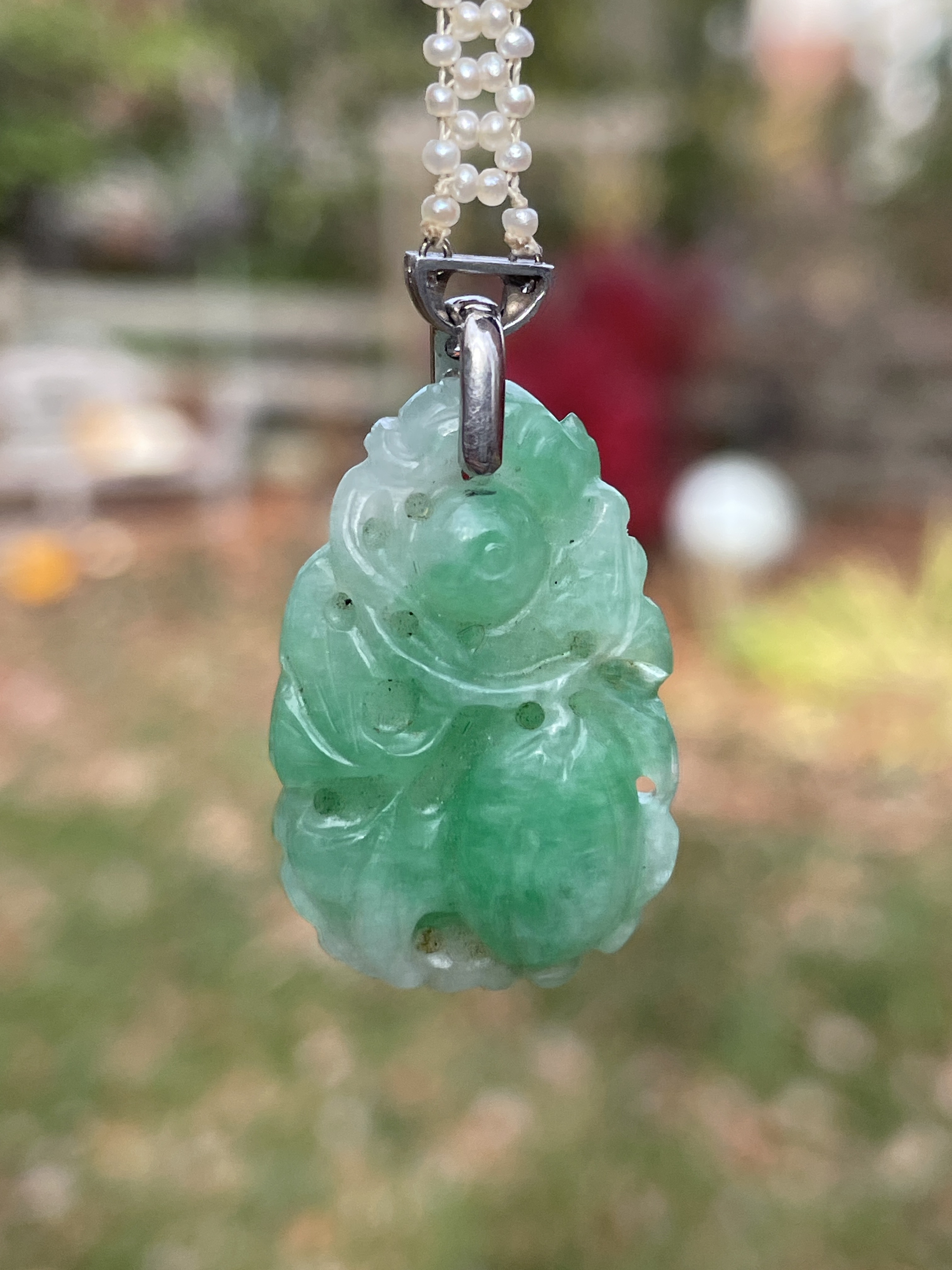 Artwork by Unknown , Antique Double Strand Seed Pearl, Carved Jade Necklace. Carved Jade Pendant and Bezel Set Carved Jad, Made of Carved Jade Pen