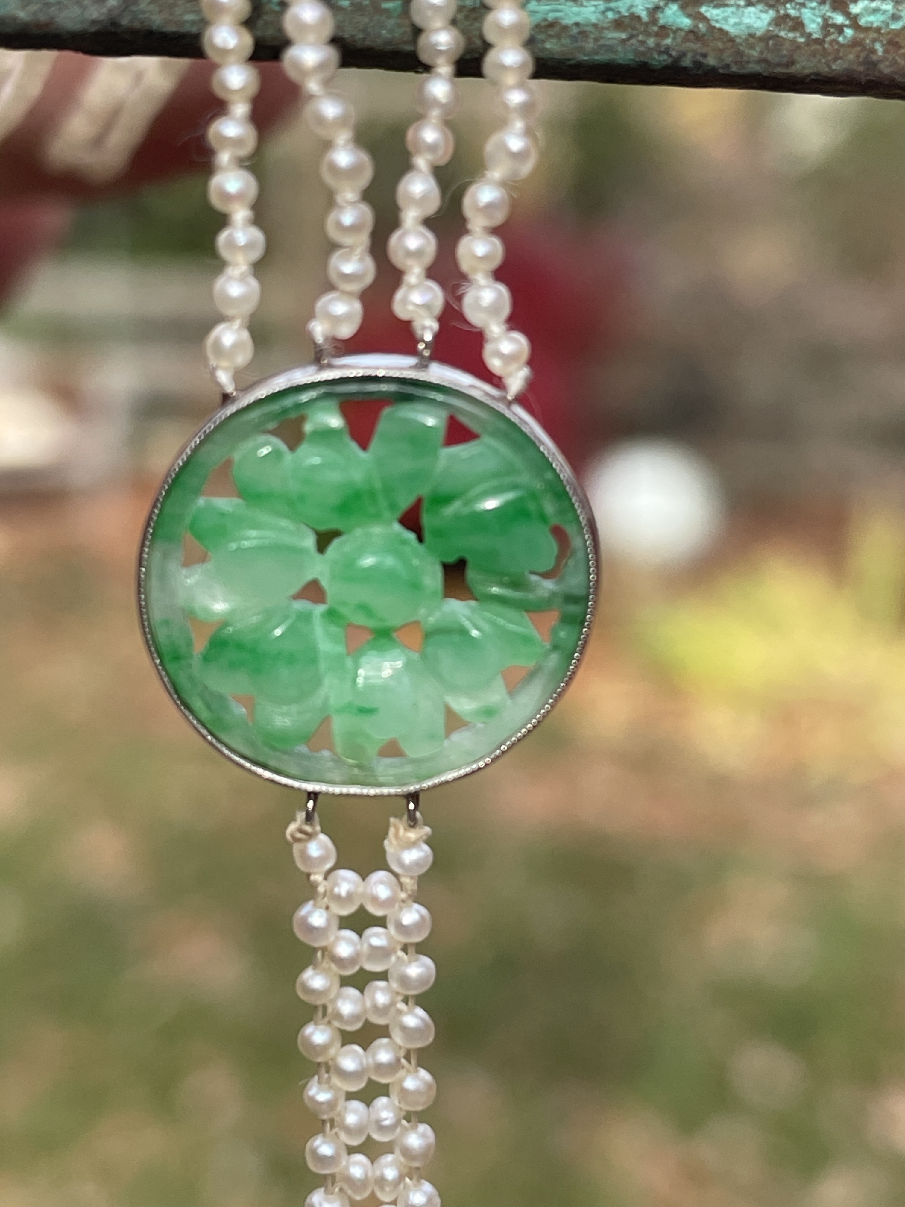 Artwork by Unknown , Antique Double Strand Seed Pearl, Carved Jade Necklace. Carved Jade Pendant and Bezel Set Carved Jad, Made of Carved Jade Pen