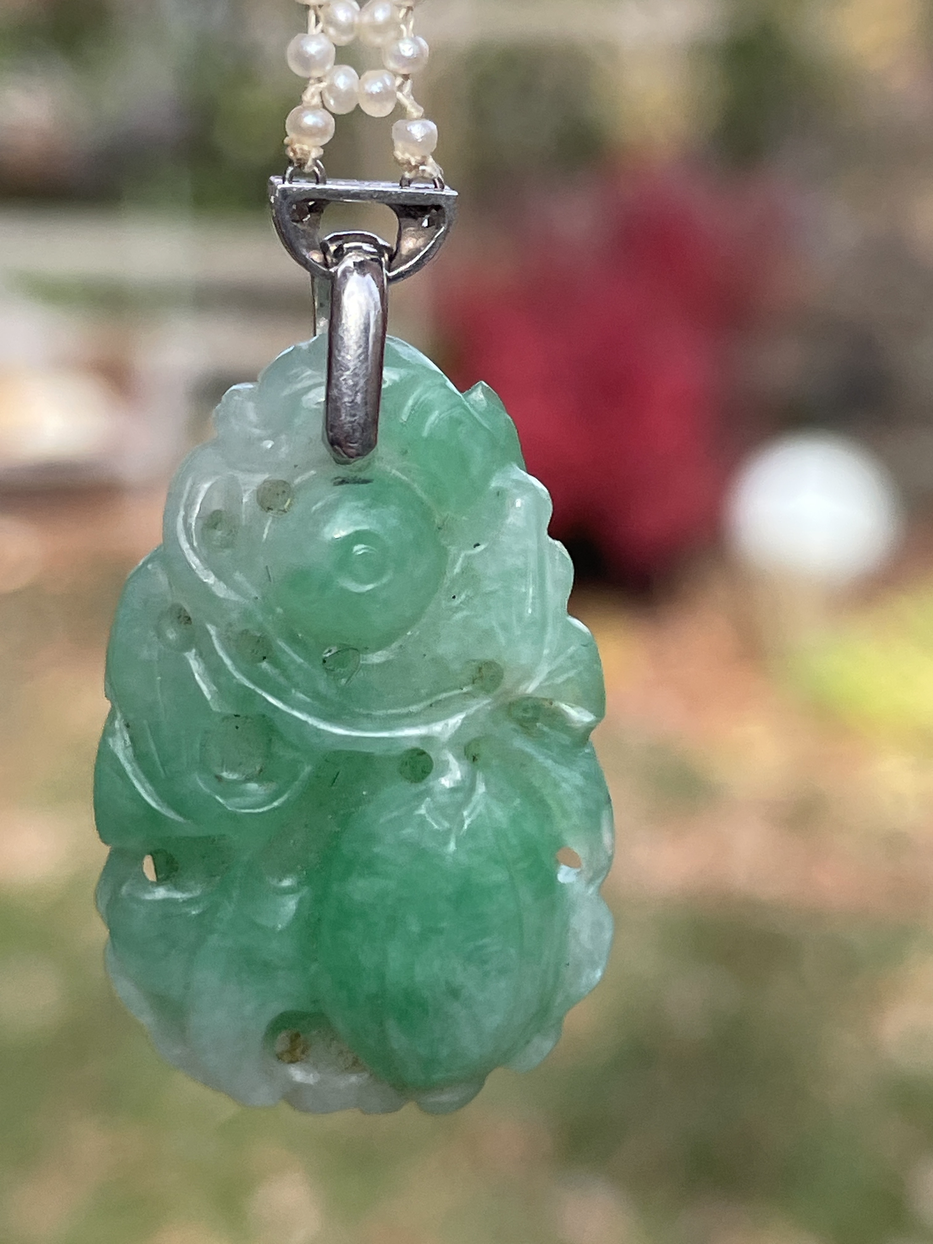 Artwork by Unknown , Antique Double Strand Seed Pearl, Carved Jade Necklace. Carved Jade Pendant and Bezel Set Carved Jad, Made of Carved Jade Pen